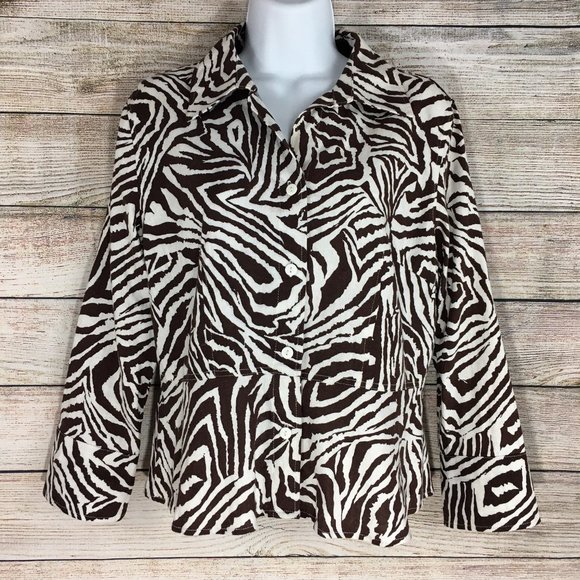 David N Linen Blend Top Button Up Peplum Waist Short Animal Print Women's M - Picture 4 of 7